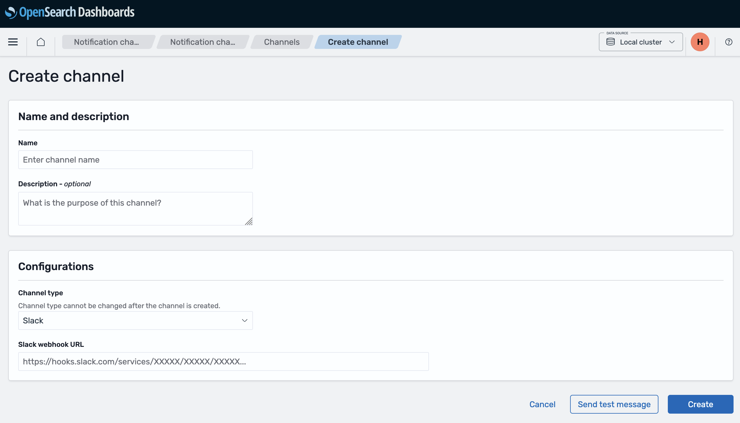 Screenshot: Creating a Slack notification channel